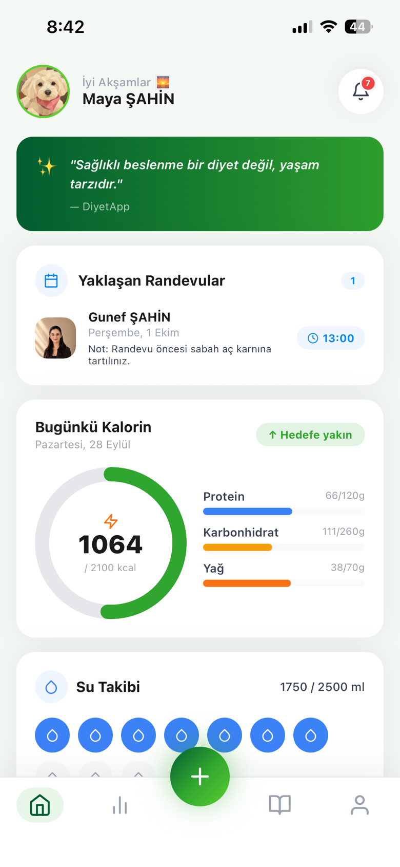 Danışan ana sayfası — kalori ve su takibi
