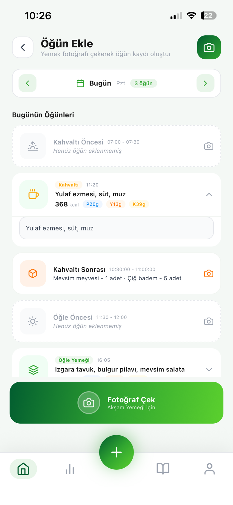 Danışan — öğün ekle, fotoğraf yükle, kalori takibi