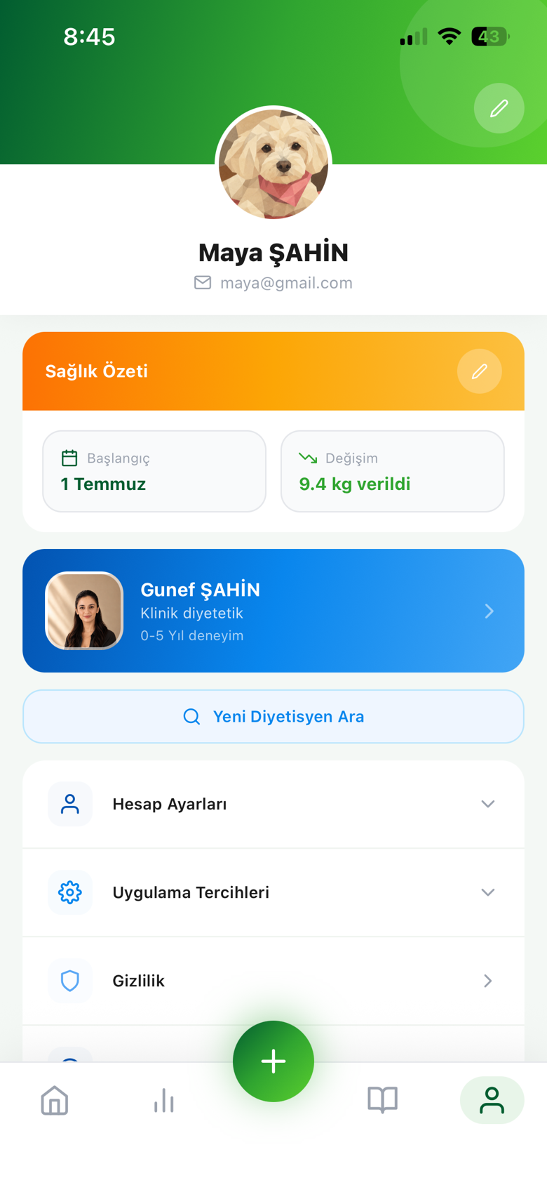 Danışan — profil, sağlık özeti ve mevcut diyetisyen kartı