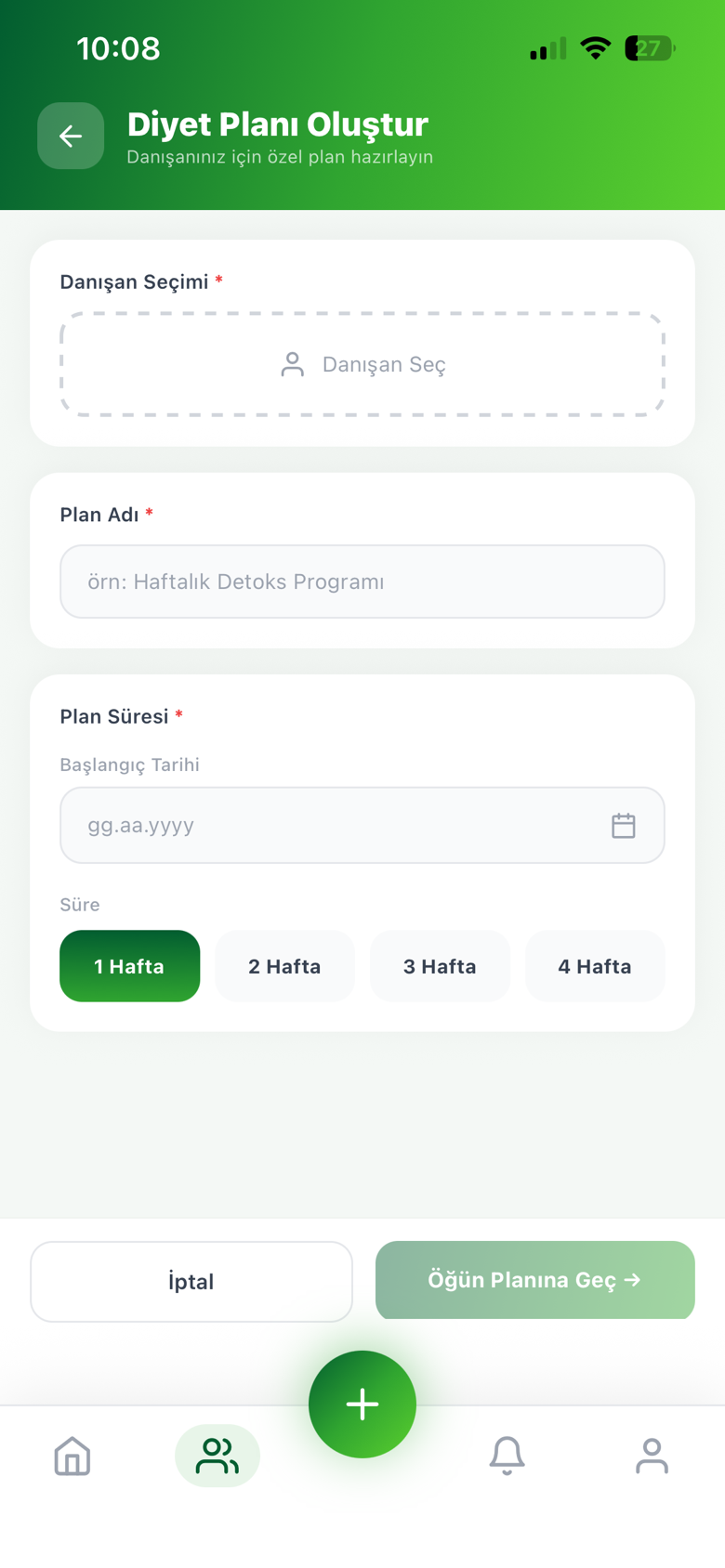 Diyetisyen — beslenme planı oluşturma ekranı